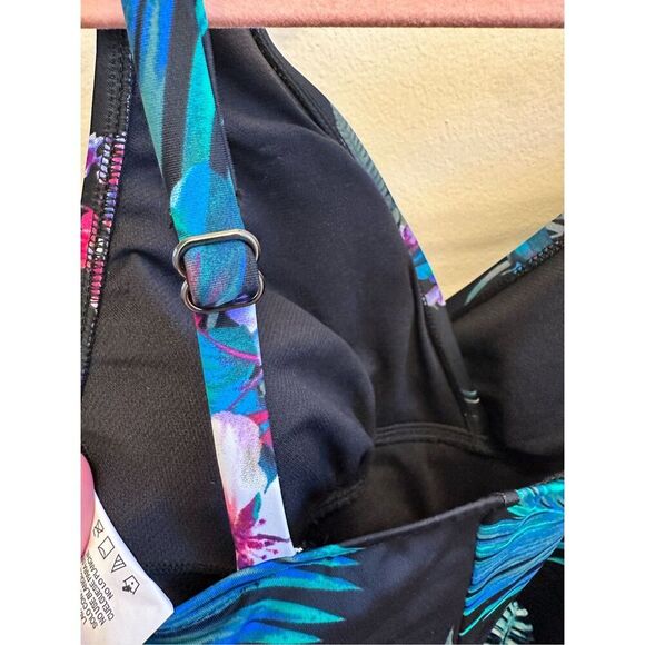 Aqua Green Black Tummy Control Floral One Piece Swimsuit New - Picture 4 of 7